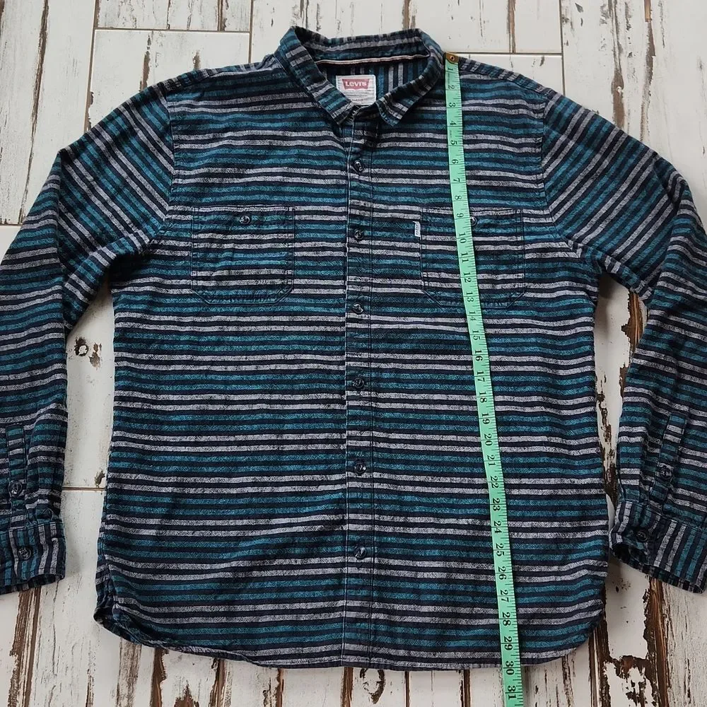 Levis Men's Abbey linen blend striped shirt casual button down teal grey 2XL XXL